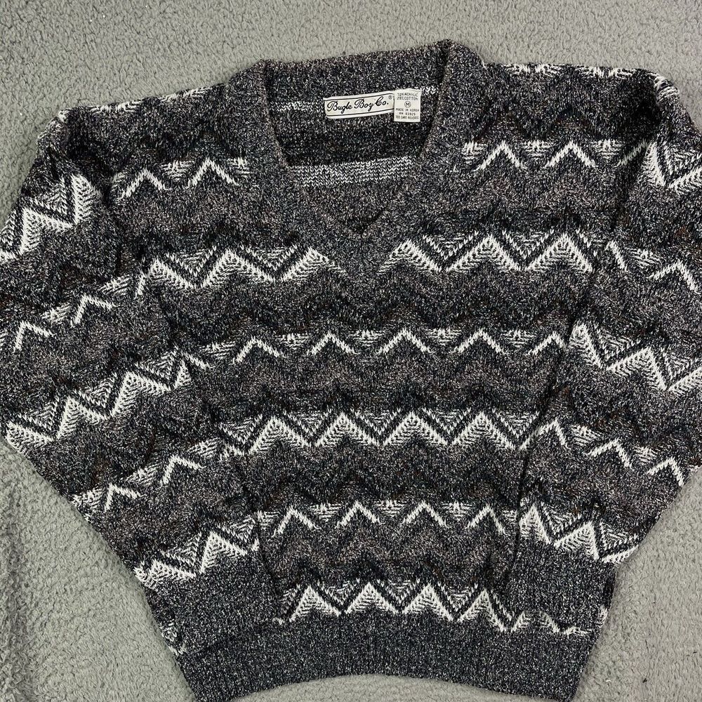 Vintage 90s BUGLE BOY V Neck Sweater Knit Abstract Gray Grandpa Grunge Sz M‎